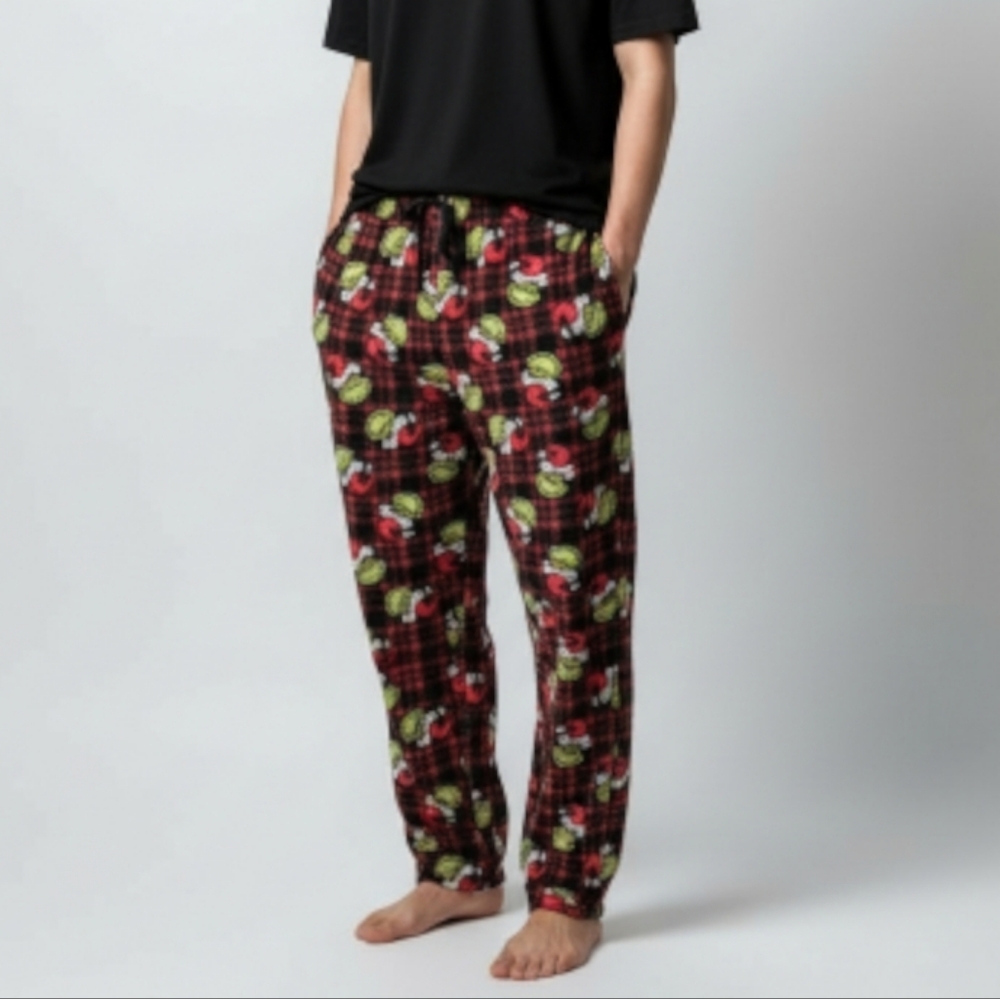 Grinch Dr. Suess Red & Black Plaid Pajama Pants Christmas Holiday Fleece Mens L